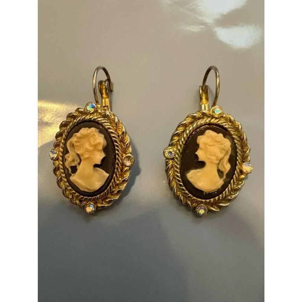 Gold Cameo Drop Earrings with Ivory Profiles